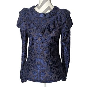 Luminary Women's Top Small Elegant Blue Velvet Victorian Jacquard Long Sleeve